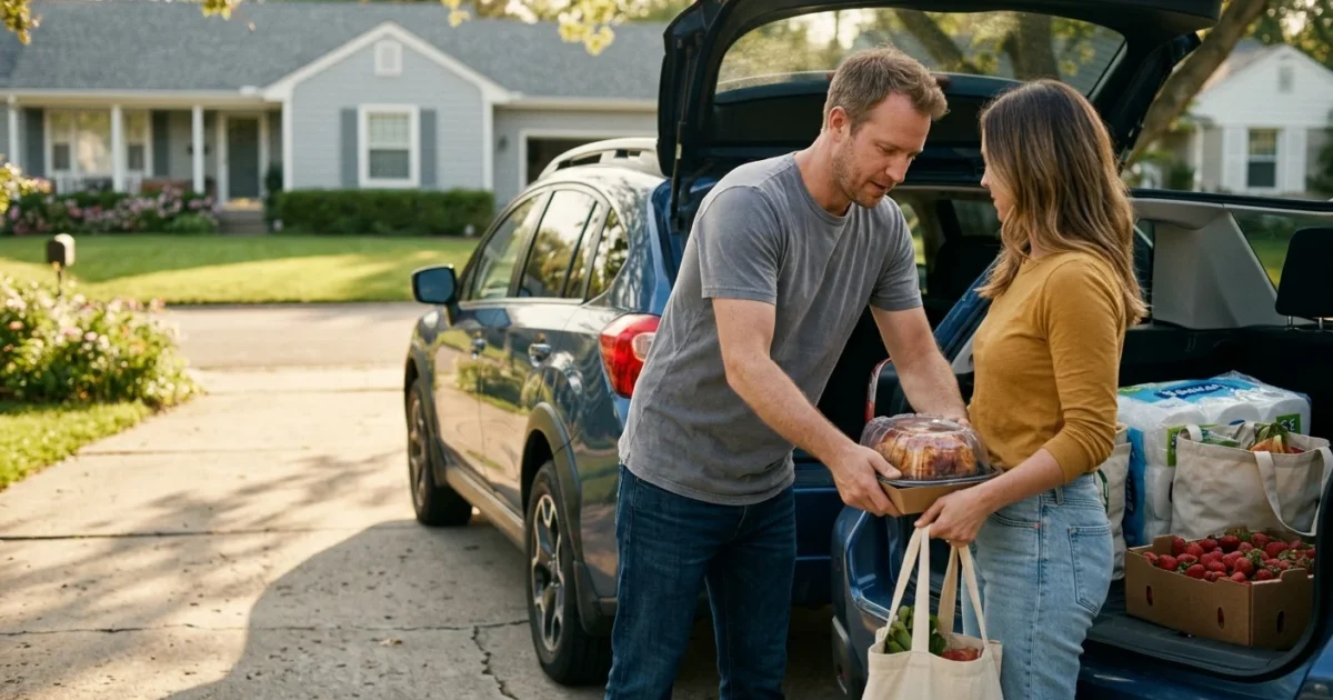 A warm, candid photo of a couple unpacking bulk grocery items from their SUV trunk in a sunny driveway, captured on grainy 35mm film.