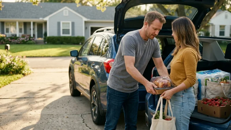 A warm, candid photo of a couple unpacking bulk grocery items from their SUV trunk in a sunny driveway, captured on grainy 35mm film.