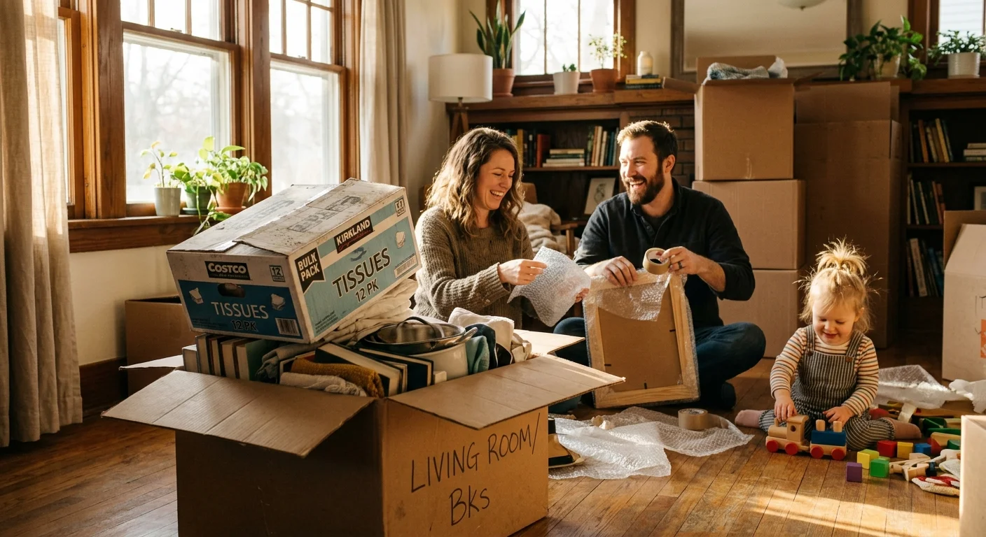 A warm photo of a family packing up boxes to move, with a discarded bulk wholesale club box sitting in the foreground.
