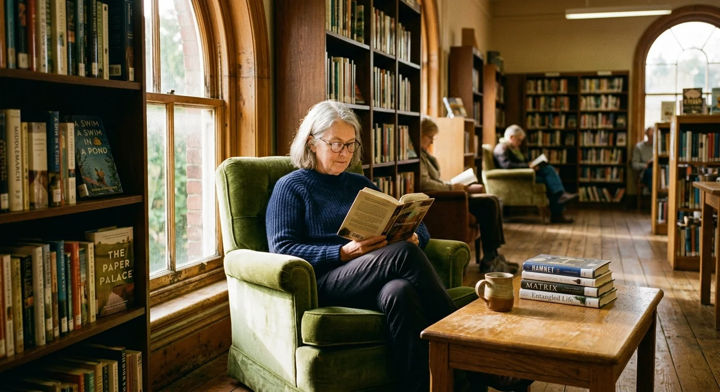 A warm photo of a person reading a book in a sun-drenched public library, highlighting free community resources.