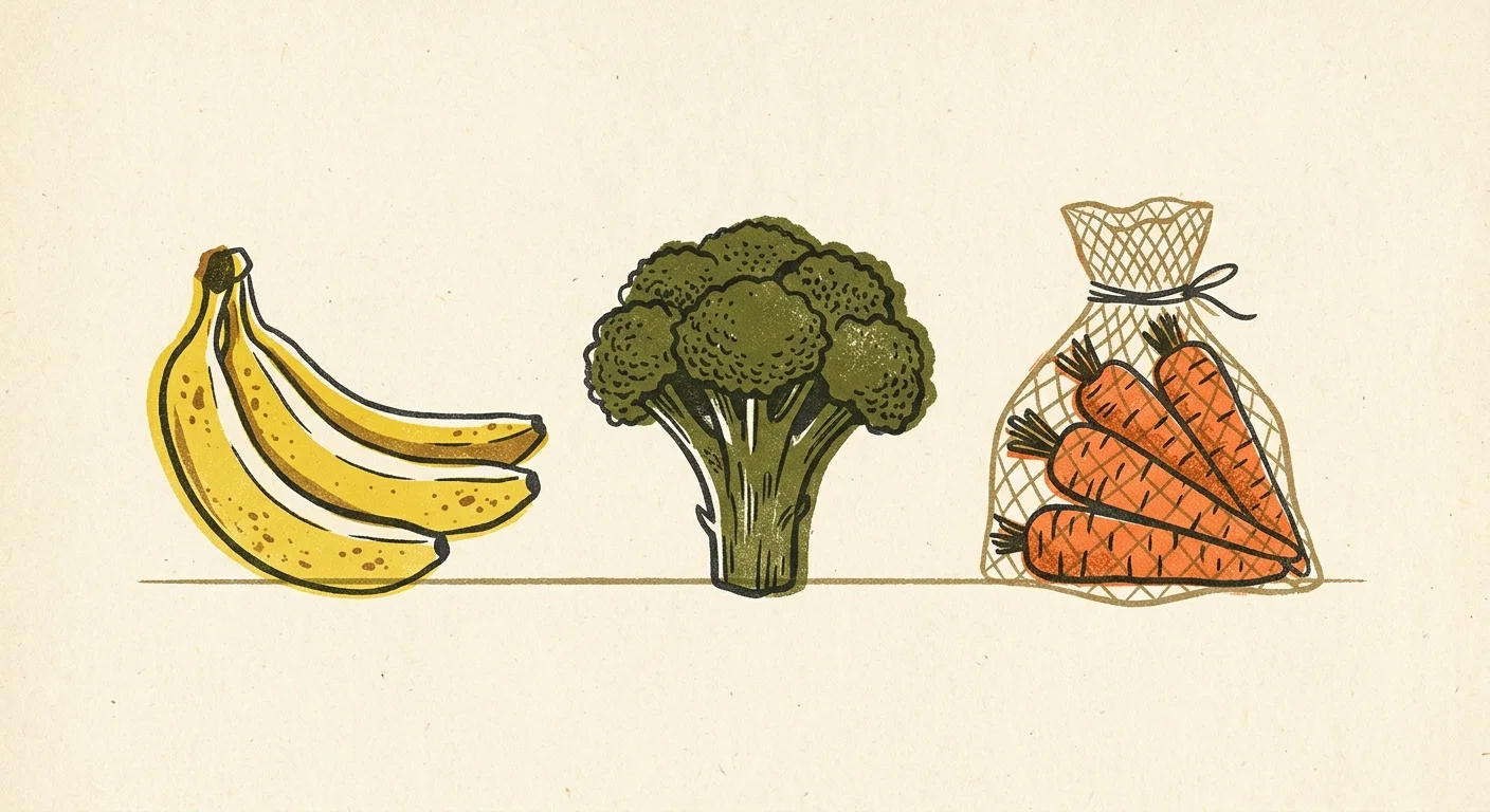 A warm, textured risograph illustration of structured, high-value grocery produce: bananas, broccoli, and a bag of carrots.