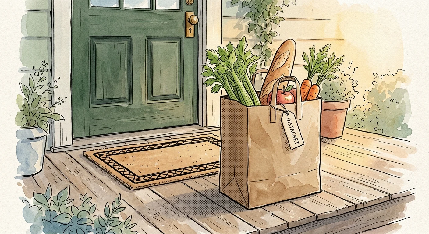 A warm watercolor illustration of a brown paper grocery bag filled with fresh produce sitting on a cozy front porch.