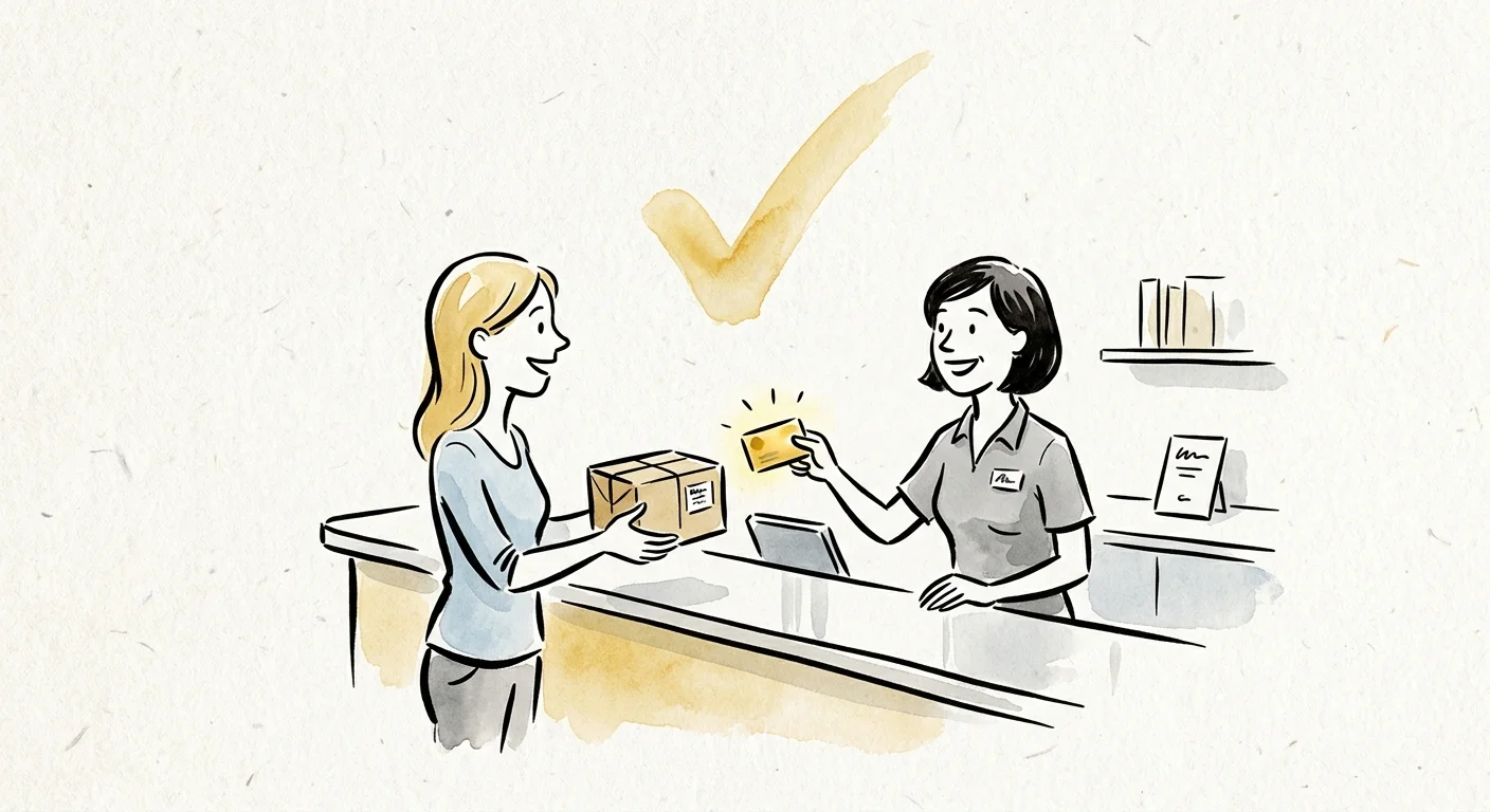 A warm watercolor illustration of a friendly customer service transaction with a large soft yellow checkmark in the background.
