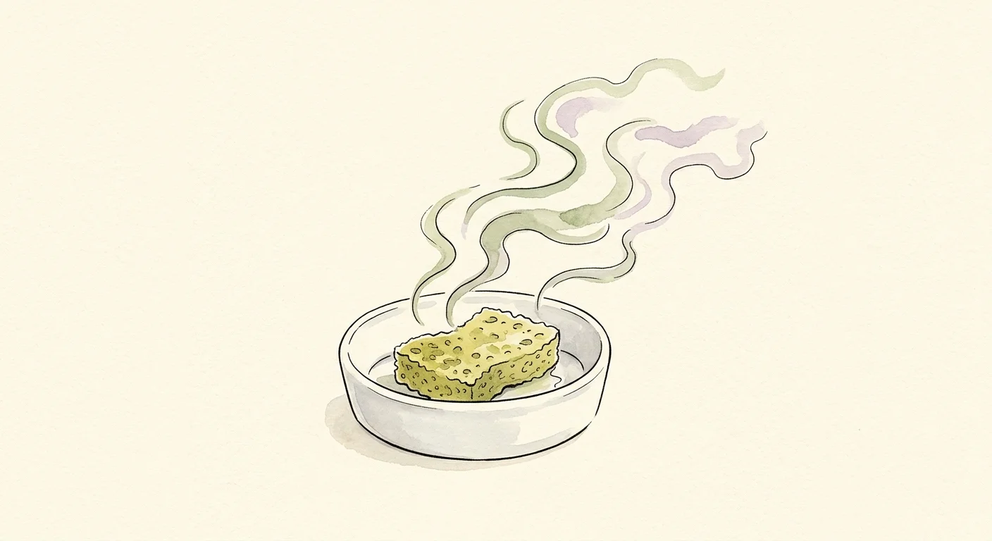 A watercolor and ink illustration of a kitchen sponge with stylized wavy odor lines rising from it on an off-white background.