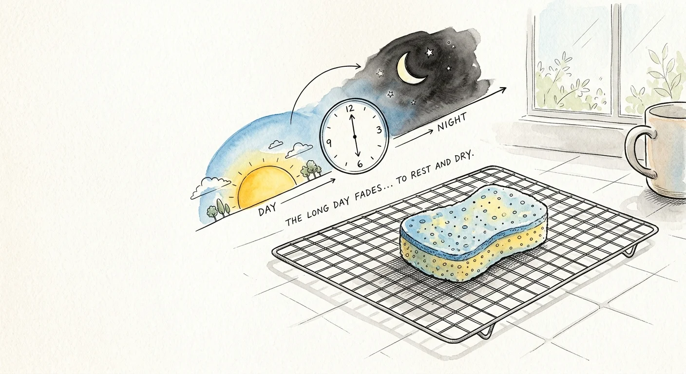 A watercolor illustration of a kitchen sponge on a rack under a visual timeline showing the sun setting and a clock.