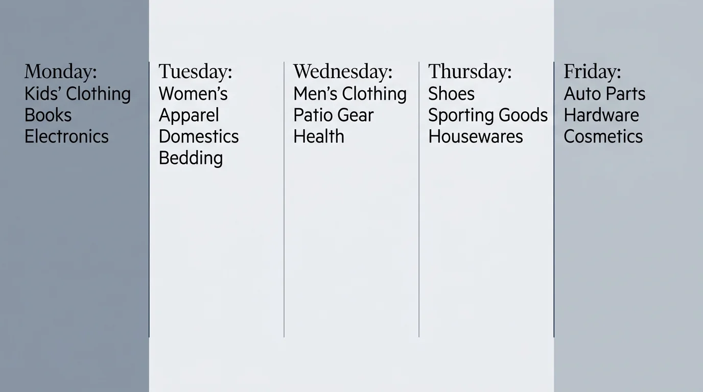 A weekly timeline diagram showing which retail departments get marked down on each day from Monday to Friday.