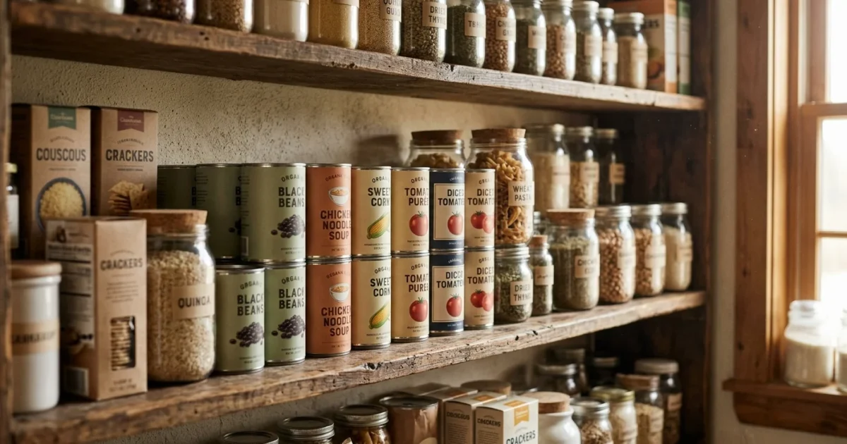 A well-stocked home kitchen pantry with neatly organized canned goods and jars on rustic wooden shelves under warm, natural morning light.