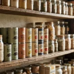 A well-stocked home kitchen pantry with neatly organized canned goods and jars on rustic wooden shelves under warm, natural morning light.