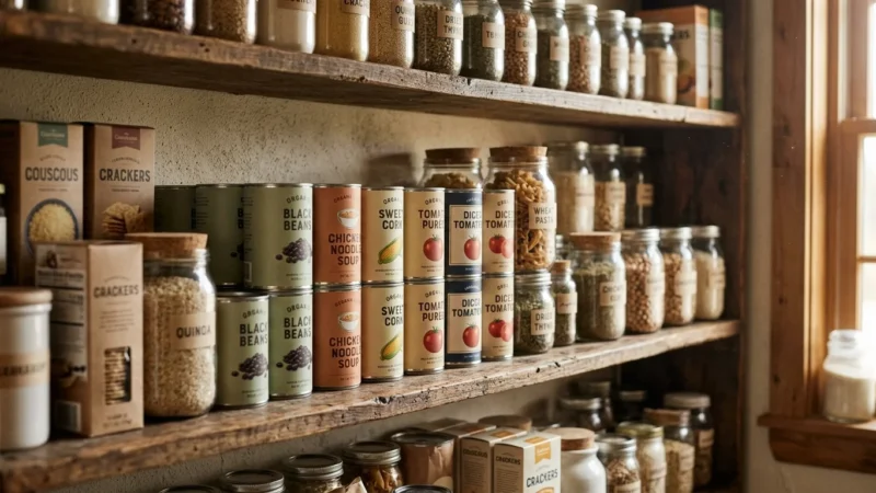A well-stocked home kitchen pantry with neatly organized canned goods and jars on rustic wooden shelves under warm, natural morning light.
