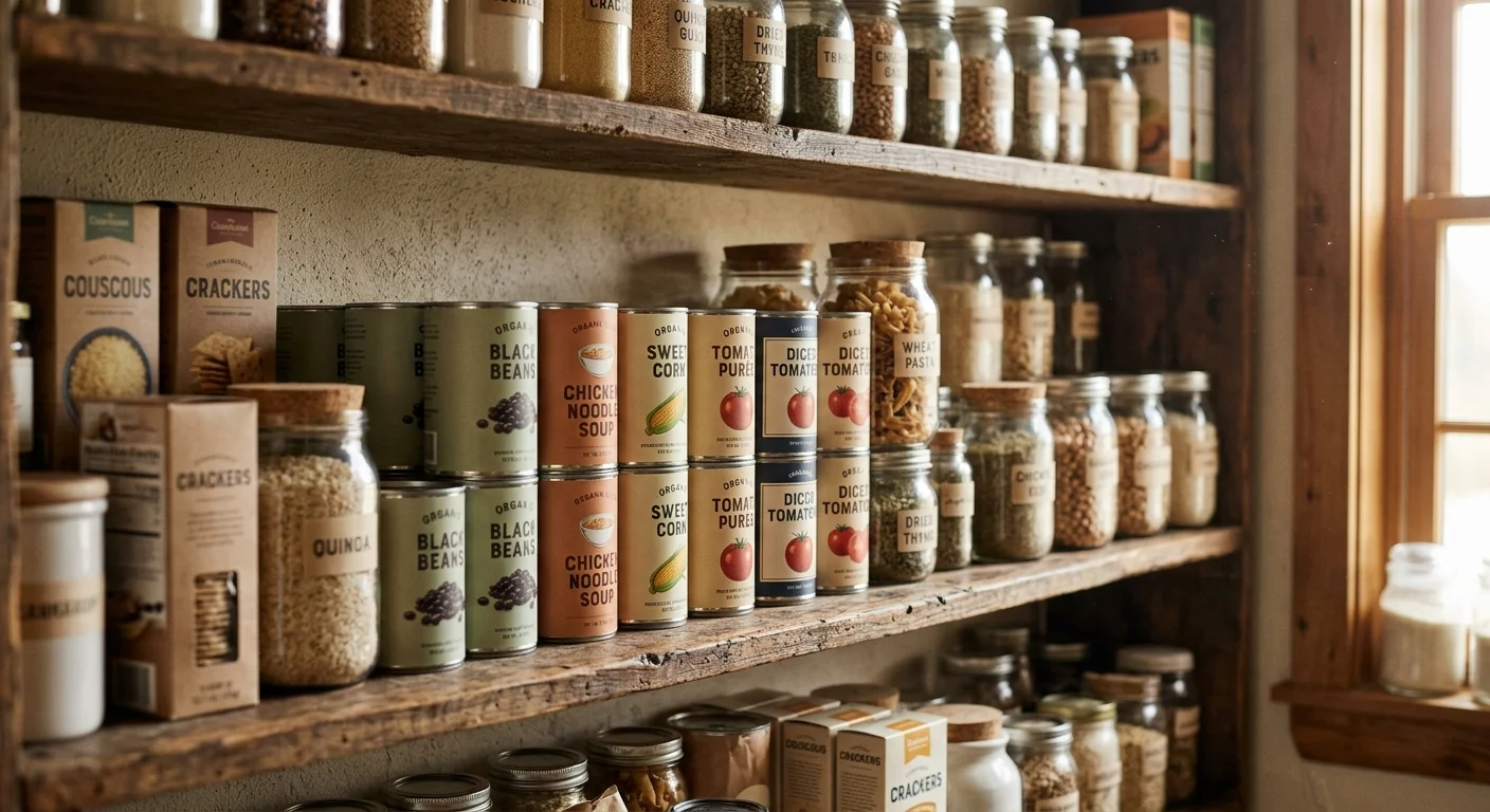 A well-stocked home kitchen pantry with neatly organized canned goods and jars on rustic wooden shelves under warm, natural morning light.
