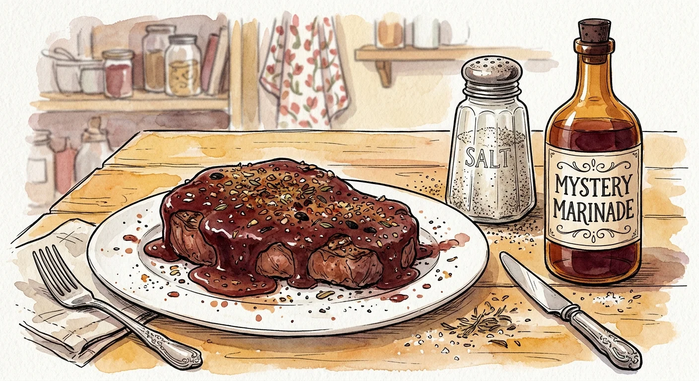 A whimsical watercolor illustration of a steak swimming in a thick, dark marinade next to a large salt shaker.
