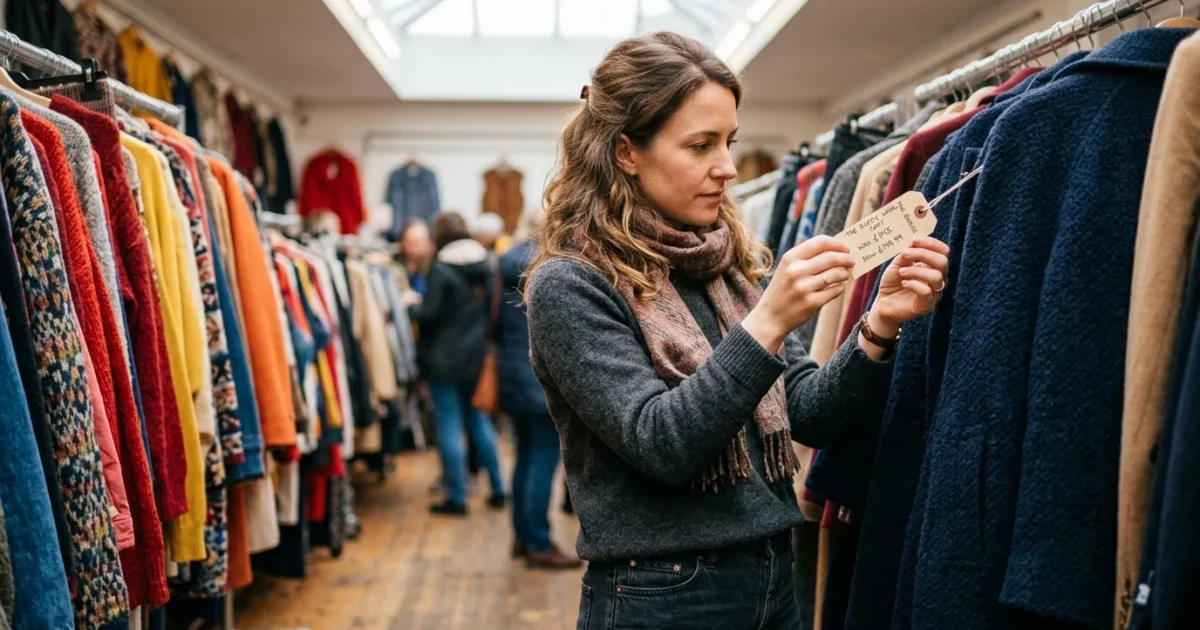 A woman in a casual outfit thoughtfully inspects a clearance price tag on a heavy wool coat hanging on a retail rack.