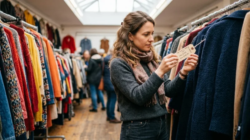 A woman in a casual outfit thoughtfully inspects a clearance price tag on a heavy wool coat hanging on a retail rack.