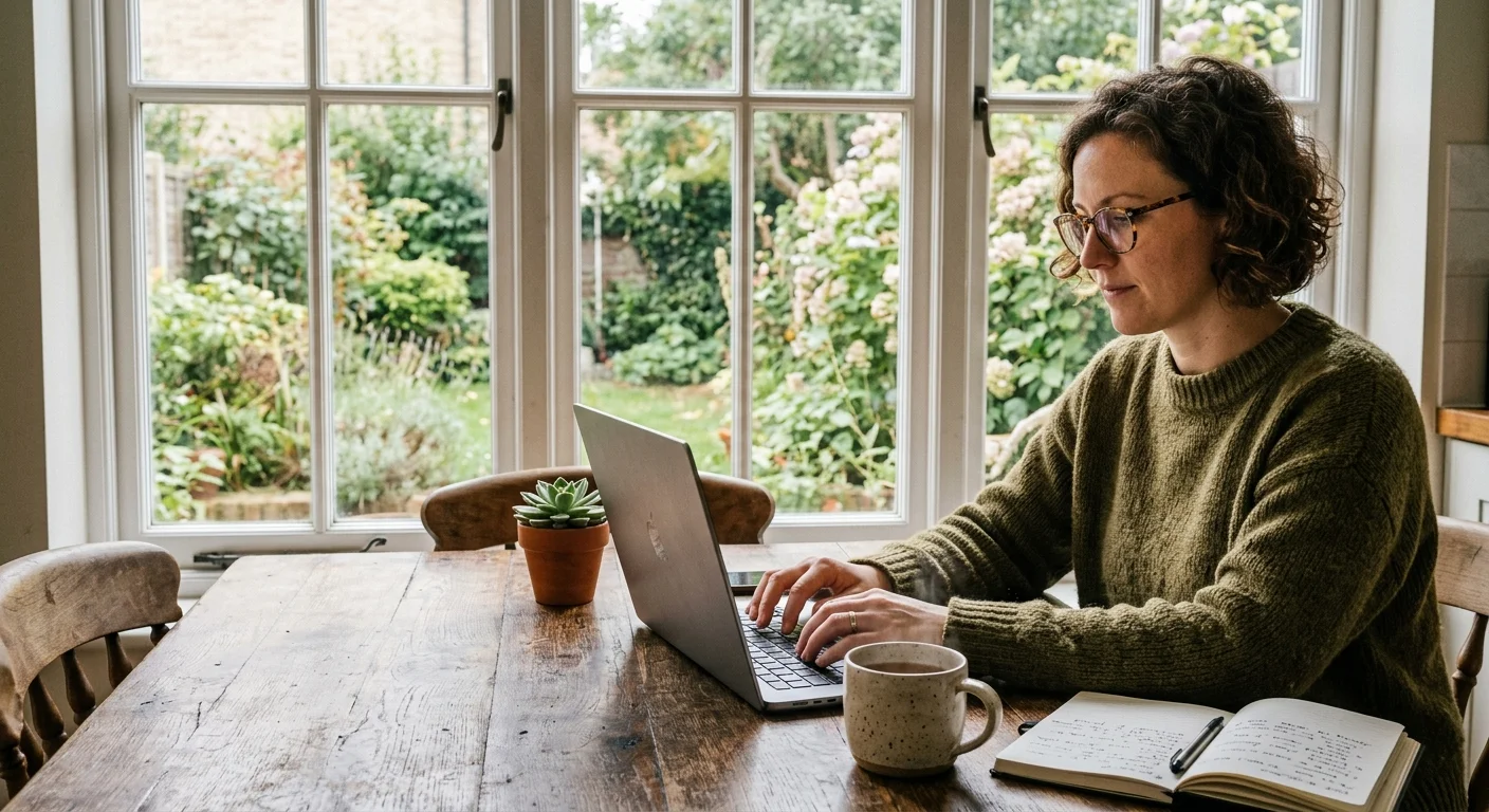 A woman in a cozy sweater working on a silver laptop at a rustic wooden dining table in warm natural light.