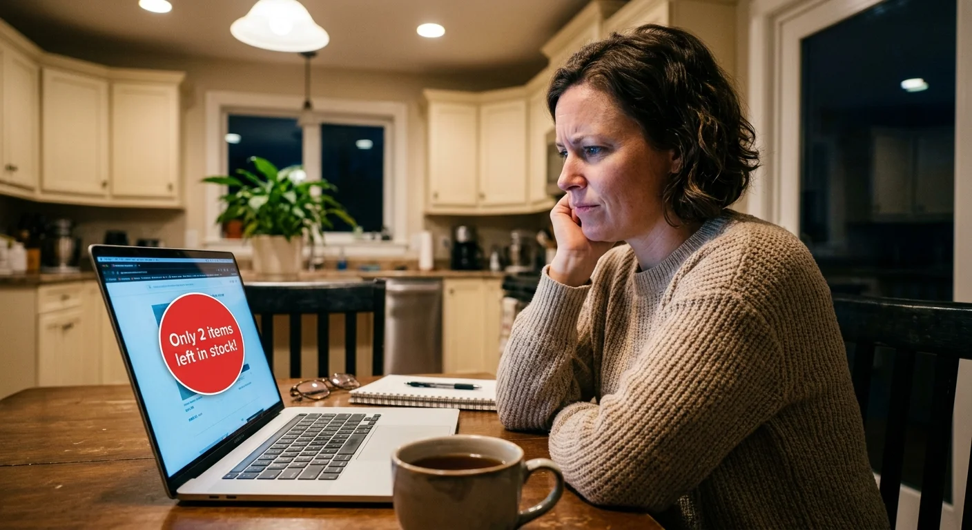 A woman looks skeptically at her laptop screen at home, where a red notification reads Only 2 items left in stock.
