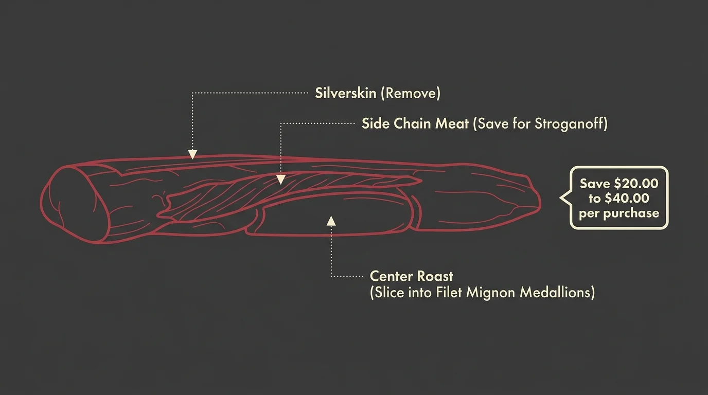 An anatomical diagram of a whole beef tenderloin showing how to trim it to save twenty to forty dollars.