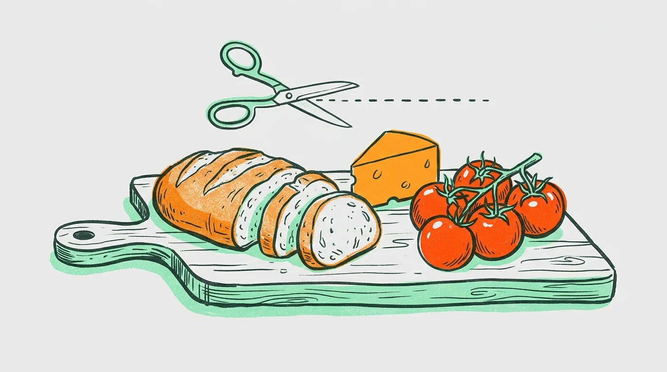An artistic risograph illustration of sliced bread, cheese, and tomatoes on a cutting board with coupon scissor marks.