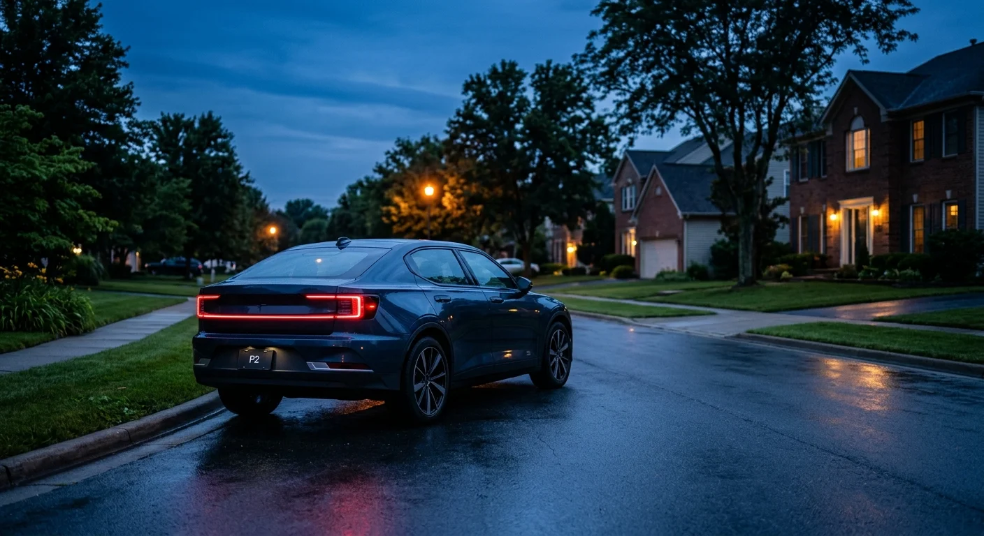 An atmospheric, wide-angle photograph of a sleek dark blue electric sedan parked on a quiet suburban street at dusk.