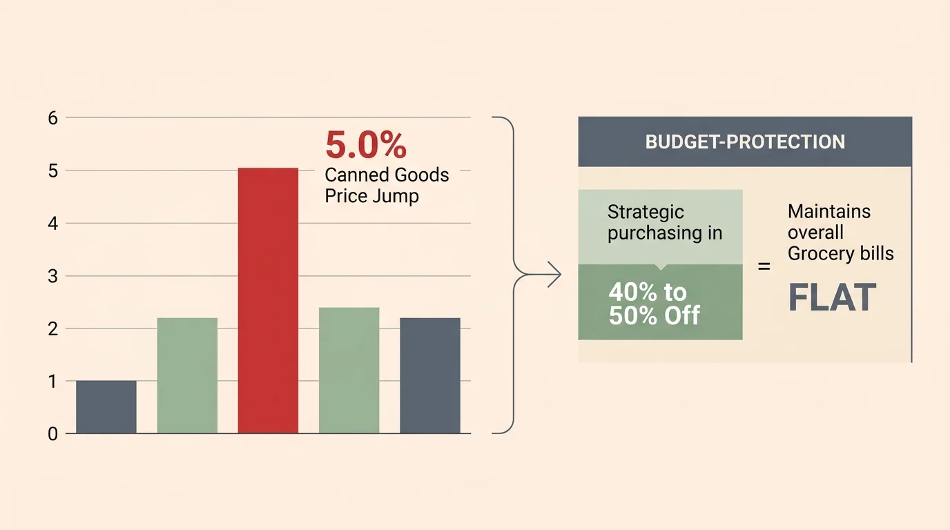 An editorial financial infographic comparing a 5.0 percent price jump to the savings of purchasing canned goods at 40 to 50 percent off.