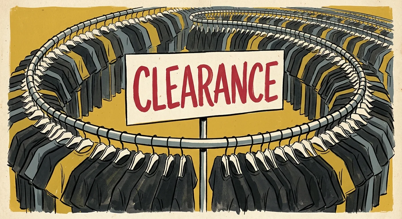 An editorial gouache illustration of an endless clearance rack filled with identical cheap black shirts, under a large clearance sign.