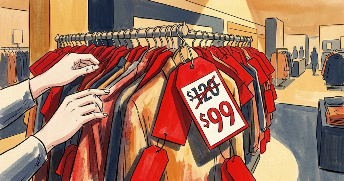 An editorial illustration of a clearance rack with oversized red price tags displaying a crossed-out original price of $120 and a markdown o
