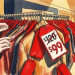 An editorial illustration of a clearance rack with oversized red price tags displaying a crossed-out original price of $120 and a markdown o