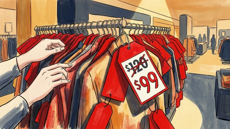An editorial illustration of a clearance rack with oversized red price tags displaying a crossed-out original price of $120 and a markdown o