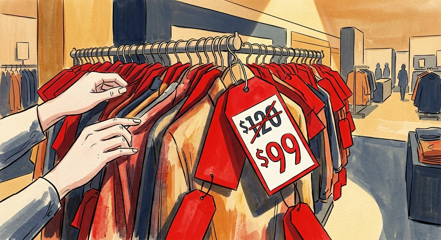 An editorial illustration of a clearance rack with oversized red price tags displaying a crossed-out original price of $120 and a markdown o