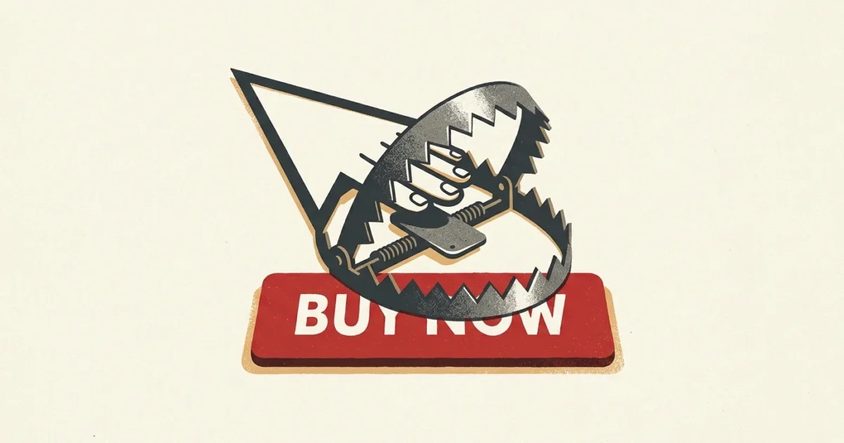 An editorial illustration of a computer cursor shaped like a bear trap hovering over a red BUY NOW button.