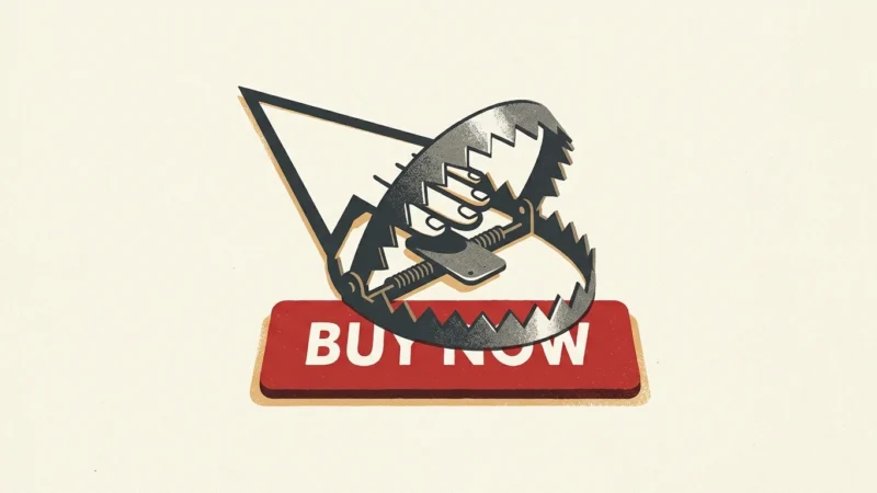 An editorial illustration of a computer cursor shaped like a bear trap hovering over a red BUY NOW button.