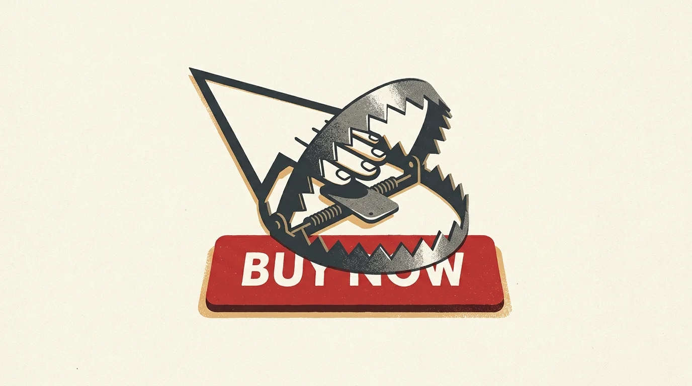 An editorial illustration of a computer cursor shaped like a bear trap hovering over a red BUY NOW button.