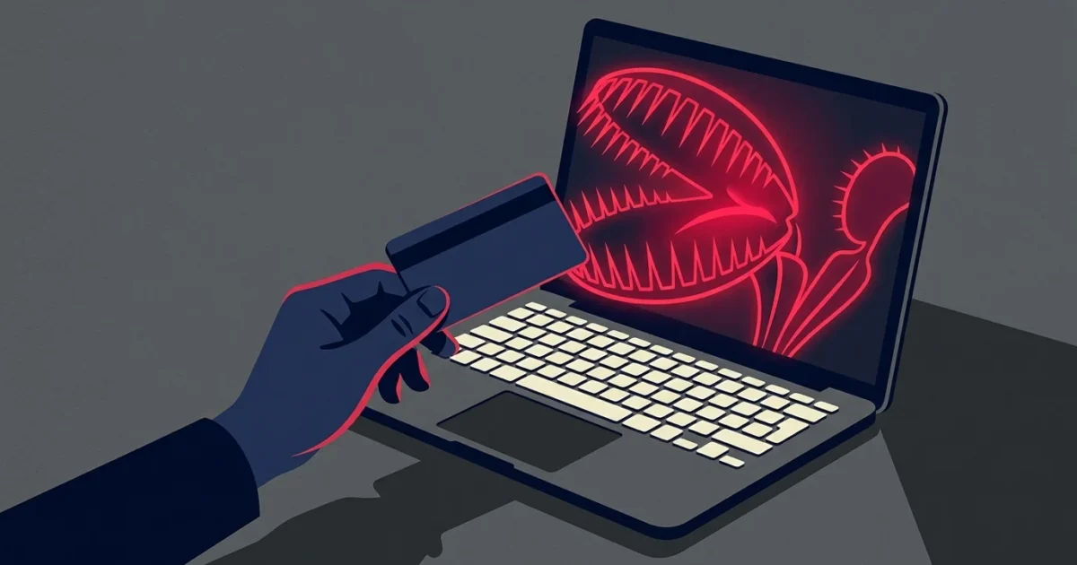 An editorial illustration of a credit card hovering over a laptop screen shaped like a Venus flytrap, symbolizing online shopping traps.