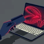 An editorial illustration of a credit card hovering over a laptop screen shaped like a Venus flytrap, symbolizing online shopping traps.