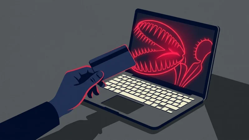 An editorial illustration of a credit card hovering over a laptop screen shaped like a Venus flytrap, symbolizing online shopping traps.