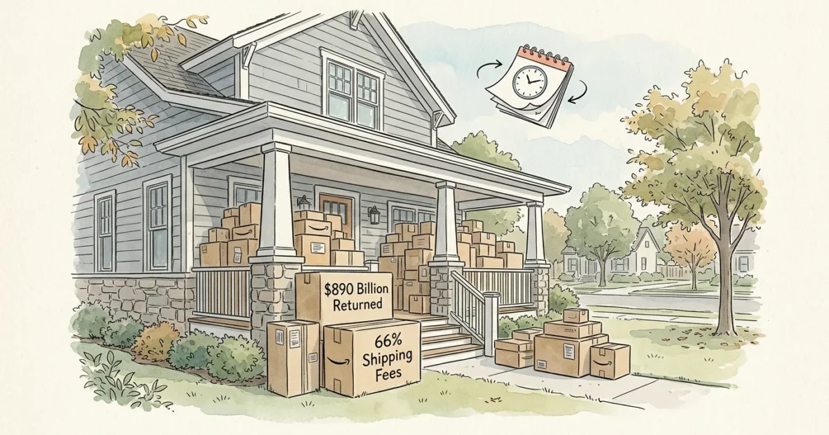 An editorial illustration of a front porch piled with packages, featuring text on labels about retail returns and shipping fees.