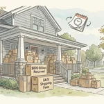 An editorial illustration of a front porch piled with packages, featuring text on labels about retail returns and shipping fees.
