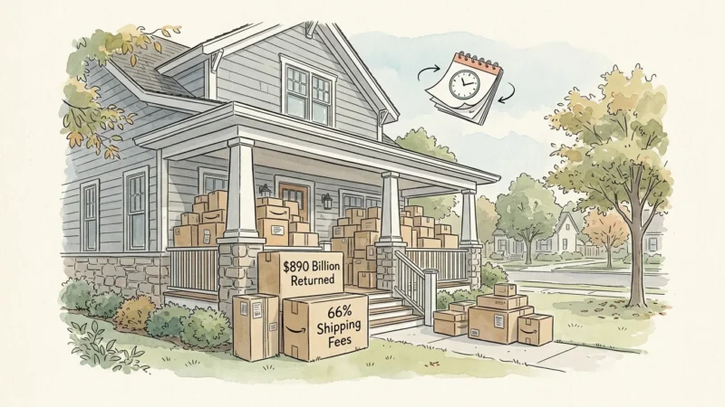 An editorial illustration of a front porch piled with packages, featuring text on labels about retail returns and shipping fees.