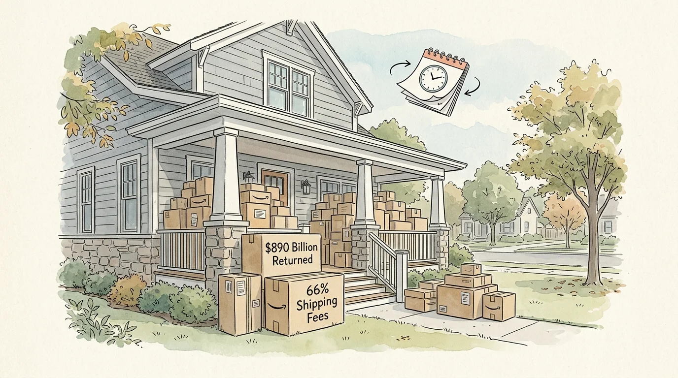 An editorial illustration of a front porch piled with packages, featuring text on labels about retail returns and shipping fees.