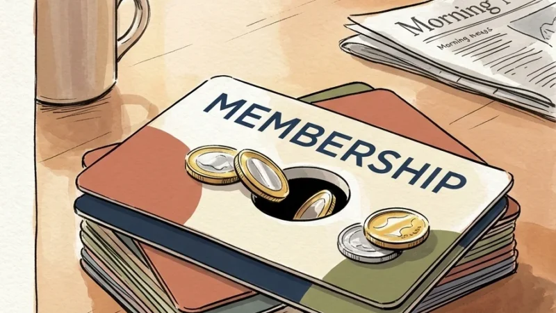 An editorial illustration of a membership card with a drain in the center where coins are slipping through, symbolizing lost value.