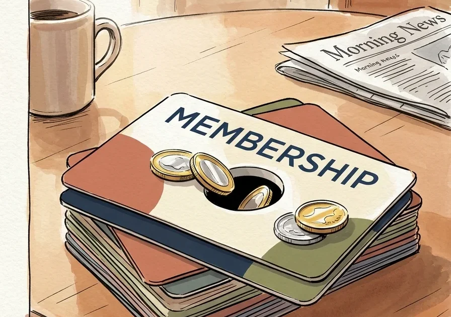 An editorial illustration of a membership card with a drain in the center where coins are slipping through, symbolizing lost value.