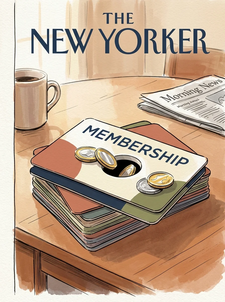 An editorial illustration of a membership card with a drain in the center where coins are slipping through, symbolizing lost value.