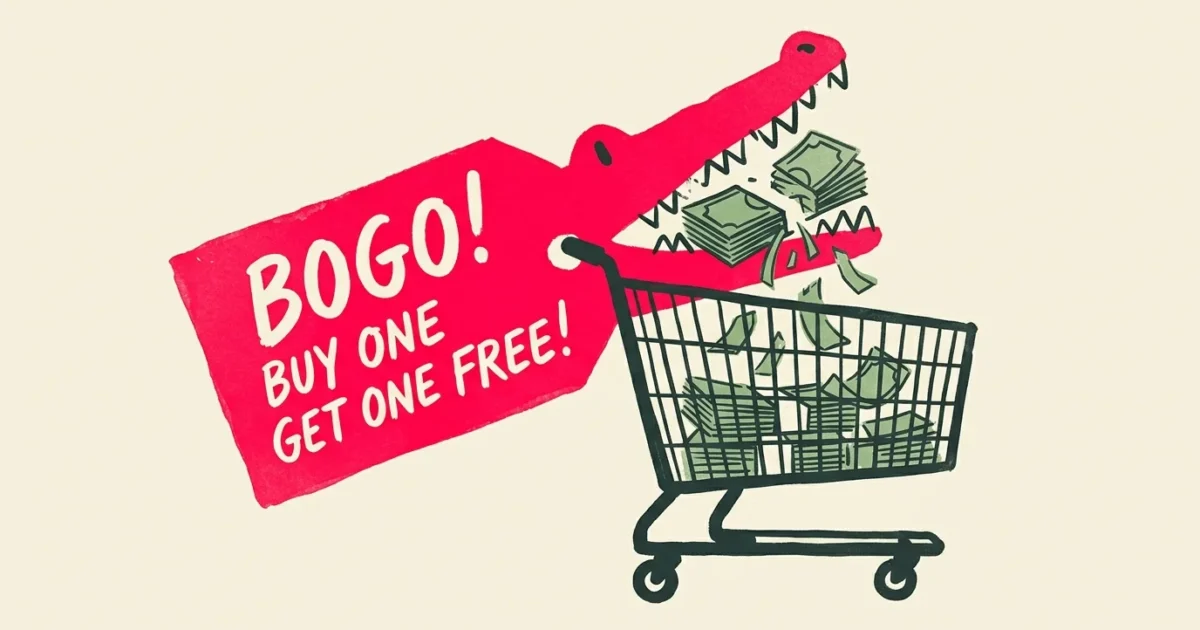 An editorial illustration of a red BOGO price tag shaped like an alligator snapping its jaws shut around a shopping cart full of cash.