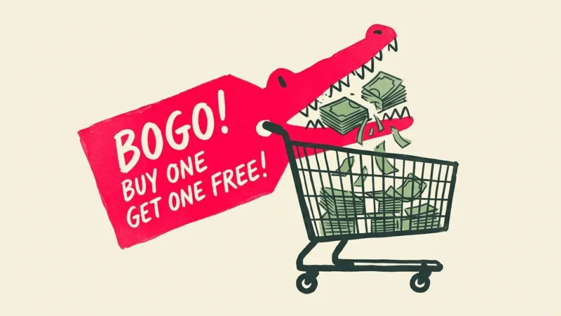 An editorial illustration of a red BOGO price tag shaped like an alligator snapping its jaws shut around a shopping cart full of cash.