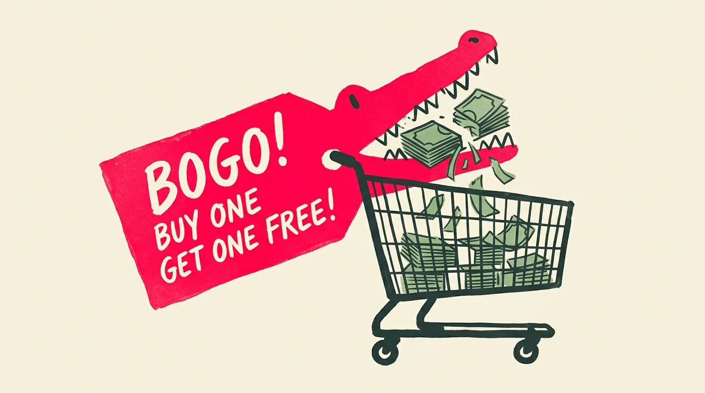 An editorial illustration of a red BOGO price tag shaped like an alligator snapping its jaws shut around a shopping cart full of cash.