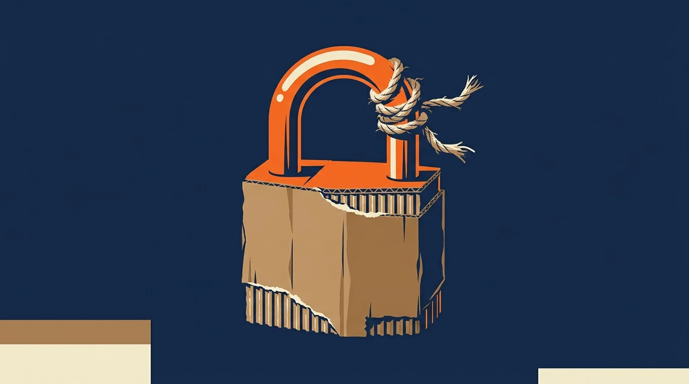 An editorial illustration of a security padlock made of cheap cardboard and frayed rope, symbolizing weak website security.