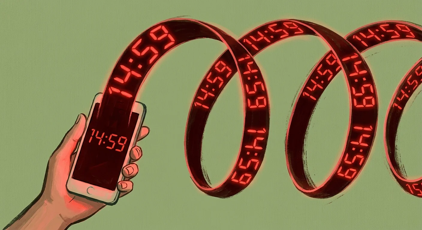 An editorial illustration of a smartphone displaying a countdown timer that loops infinitely back into itself like a spiral ribbon.
