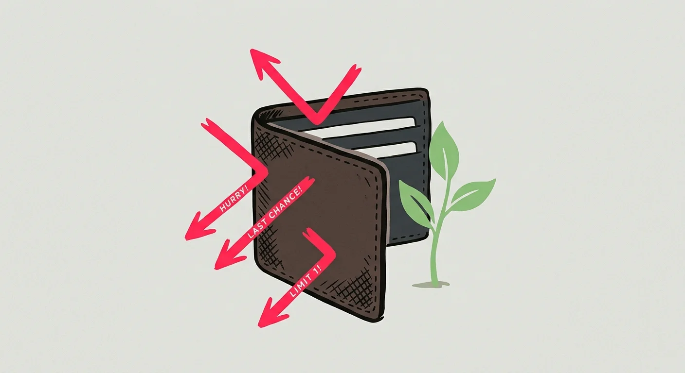 An editorial illustration of a wallet acting as a shield to block incoming red arrows labeled with high-pressure marketing slogans.
