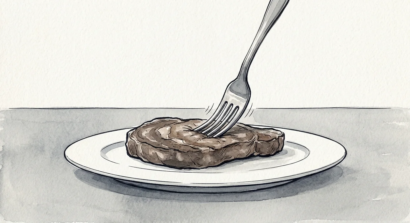 An editorial ink and watercolor illustration of a fork's tines bending against a tough, dense steak.