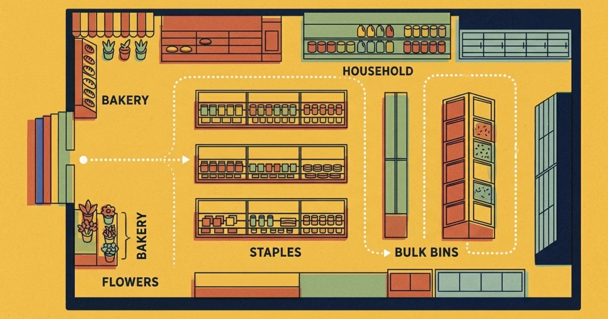 An editorial risograph illustration of a strategic grocery store map showing a path that bypasses impulse buys and starts in the center aisl