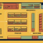 An editorial risograph illustration of a strategic grocery store map showing a path that bypasses impulse buys and starts in the center aisl